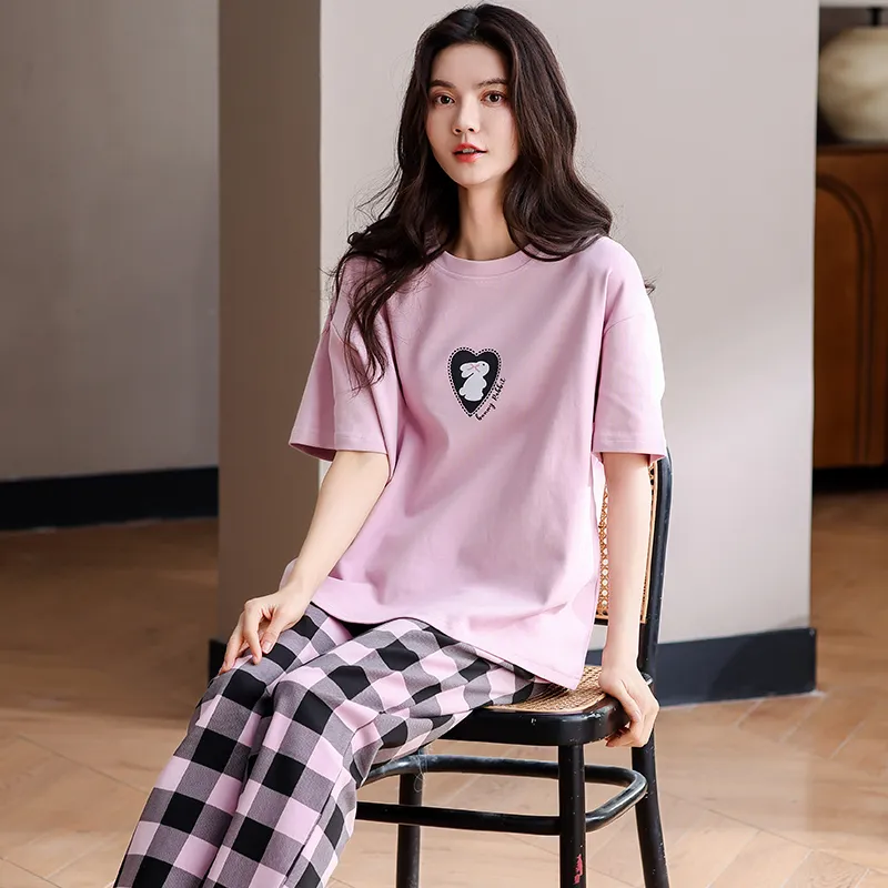 WANANNI Pajama Set Women's Pink Black Plaid-2