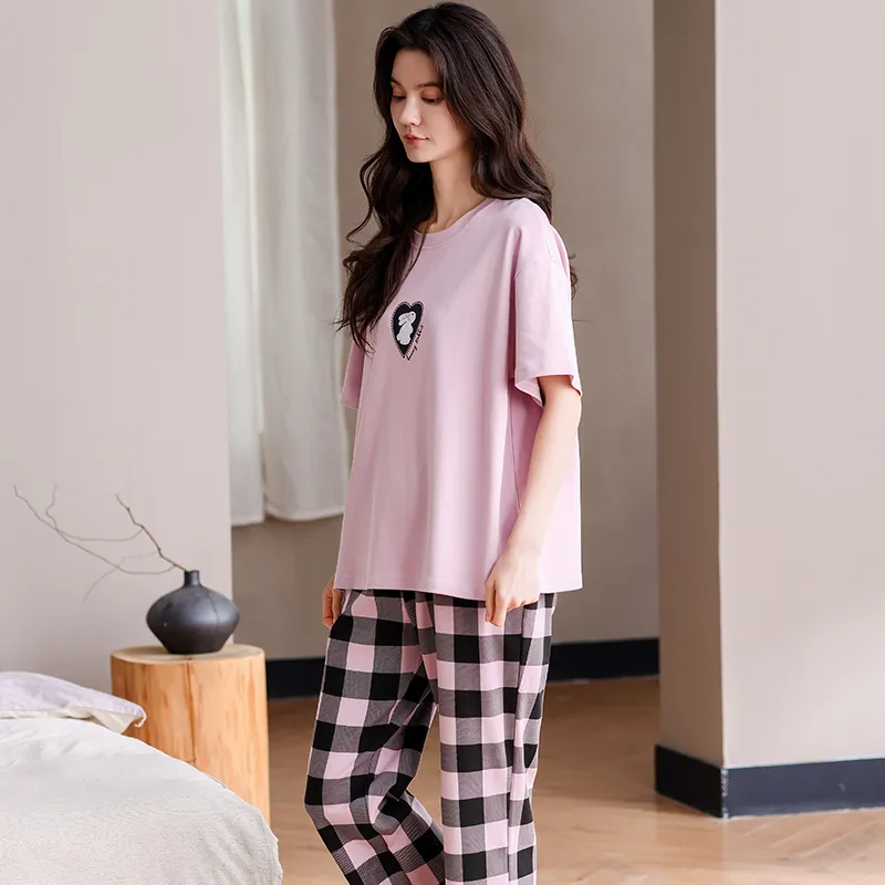 WANANNI Pajama Set Women's Pink Black Plaid-7