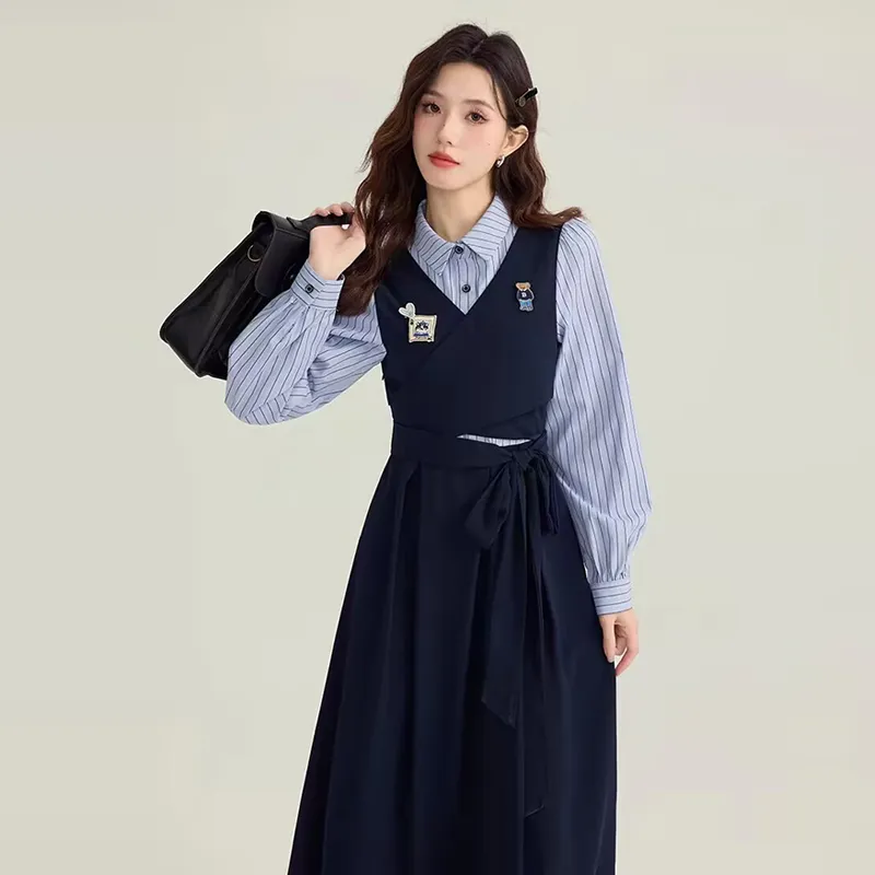 LWLG Long Sleeved Dress Women's Dark Blue-5