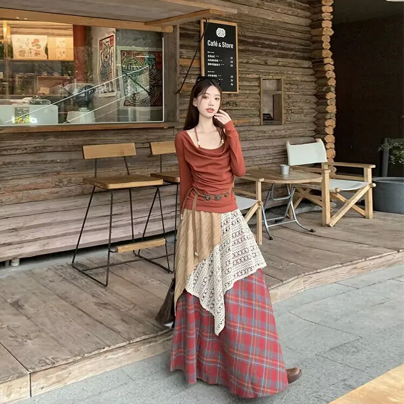 Vine Color Casual Long Skirt Women's-5