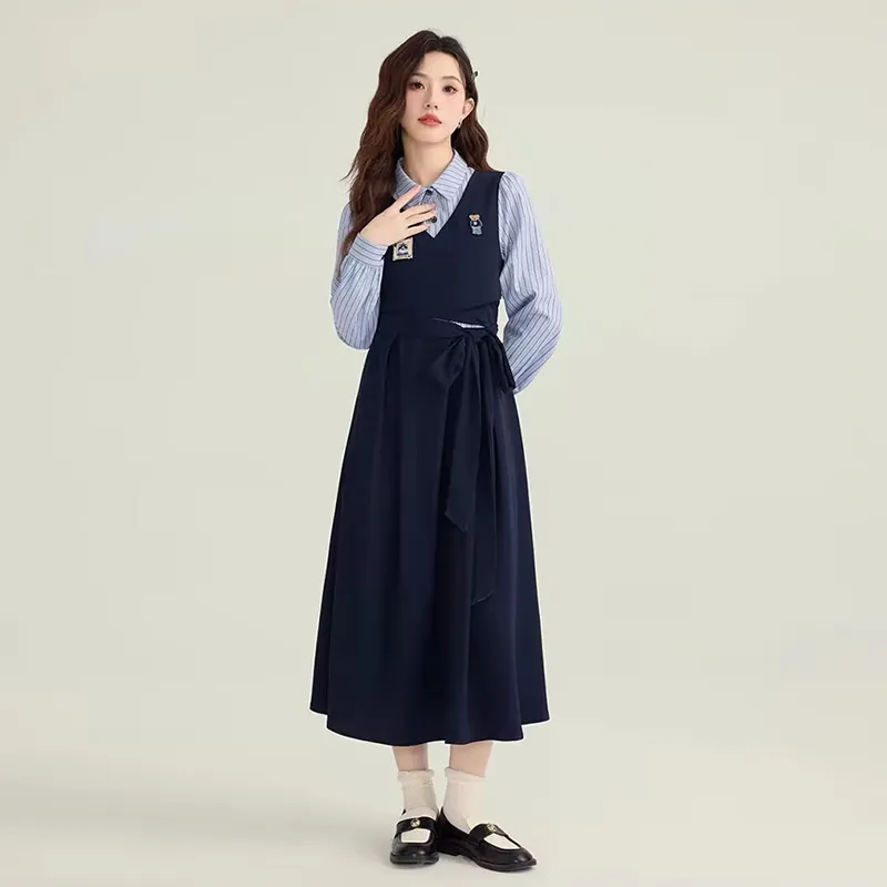 LWLG Long Sleeved Dress Women's Dark Blue-4
