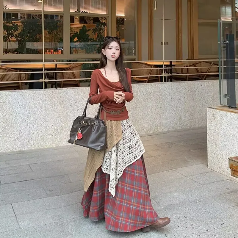 Vine Color Casual Long Skirt Women's-4