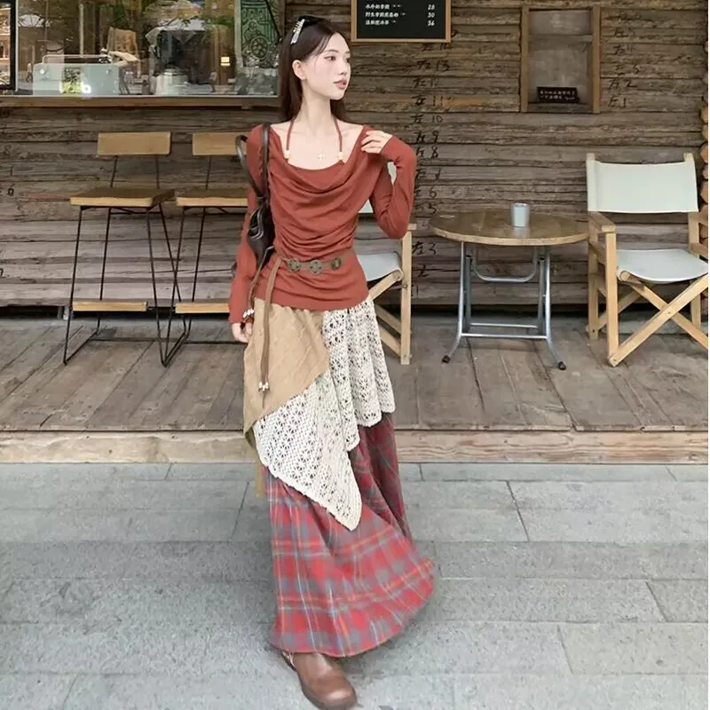 Vine Color Casual Long Skirt Women's-1