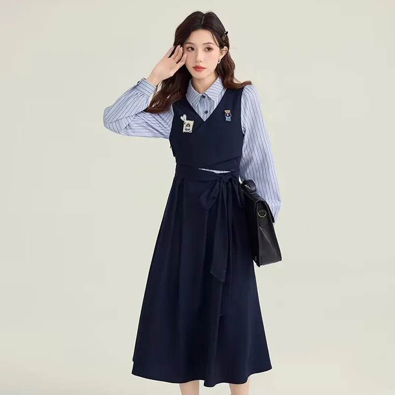 LWLG Long Sleeved Dress Women's Dark Blue-3