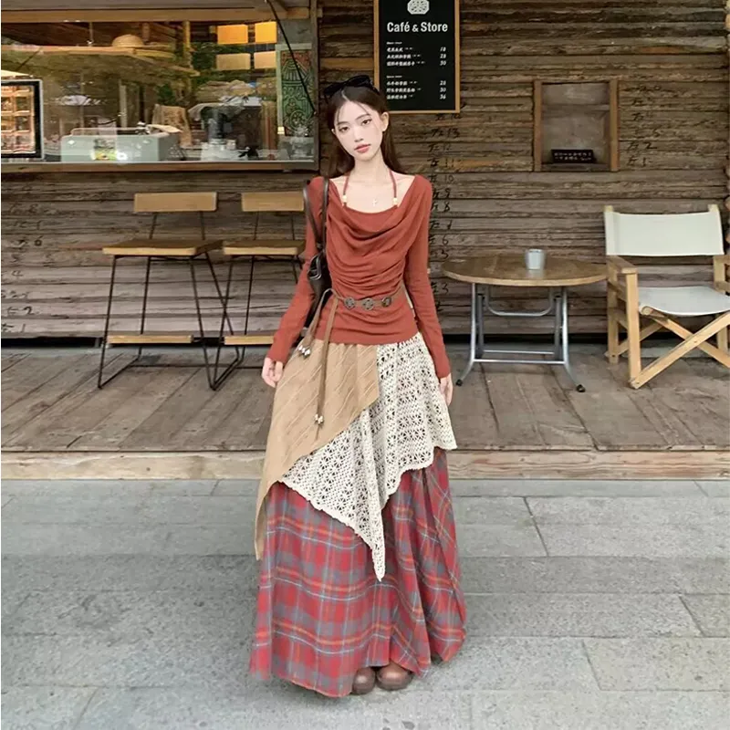 Vine Color Casual Long Skirt Women's-3