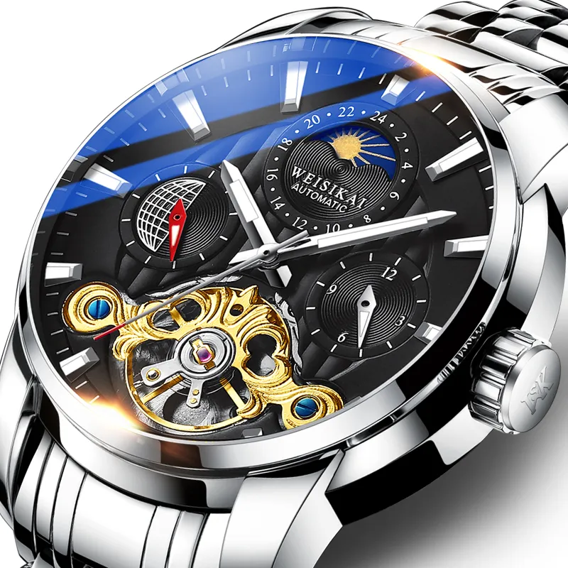 WSK Mechanical Movement Steel Strap Men's Watches White Dial-3