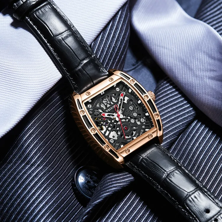 WSK Mechanical Movement Genuine Leather Strap Watch Men's Watches Black Dial-5