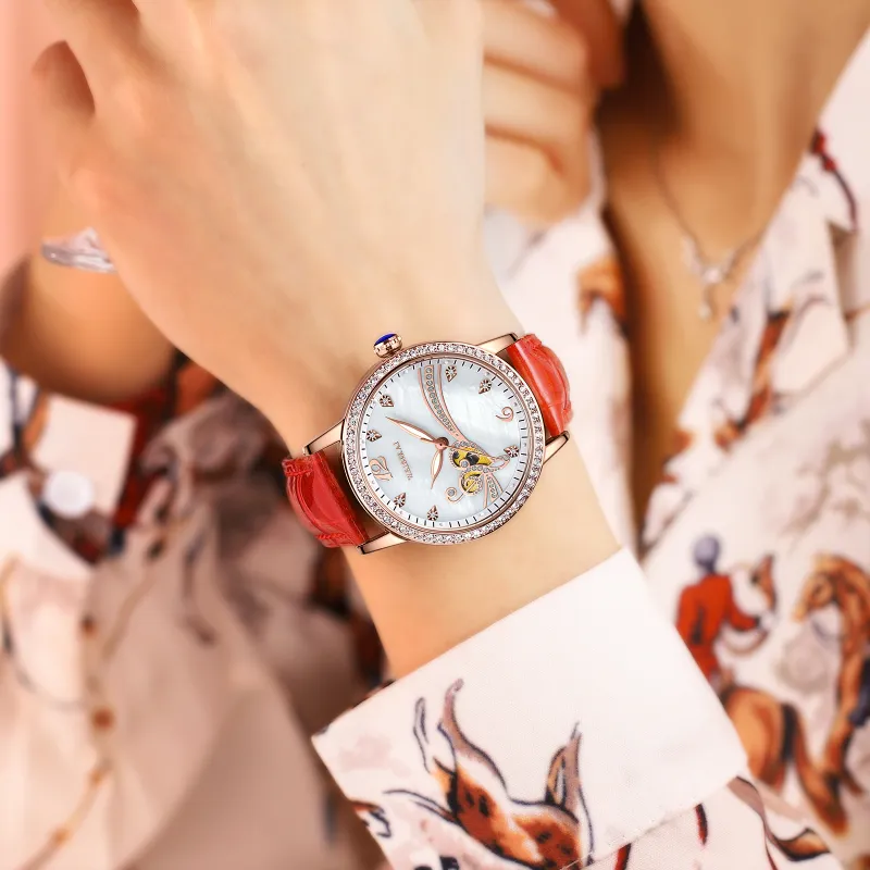 WSK Automatic Mechanical Movement Cowhide Strap Watch Women's Watch Green Dial-15