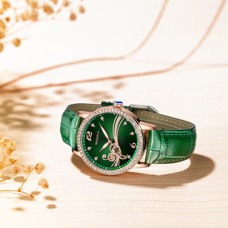 WSK Automatic Mechanical Movement Cowhide Strap Watch Women's Watch Green Dial-2