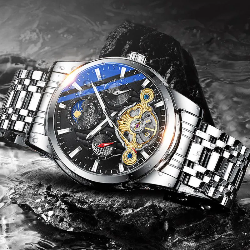 WSK Mechanical Movement Steel Strap Men's Watches White Dial-4