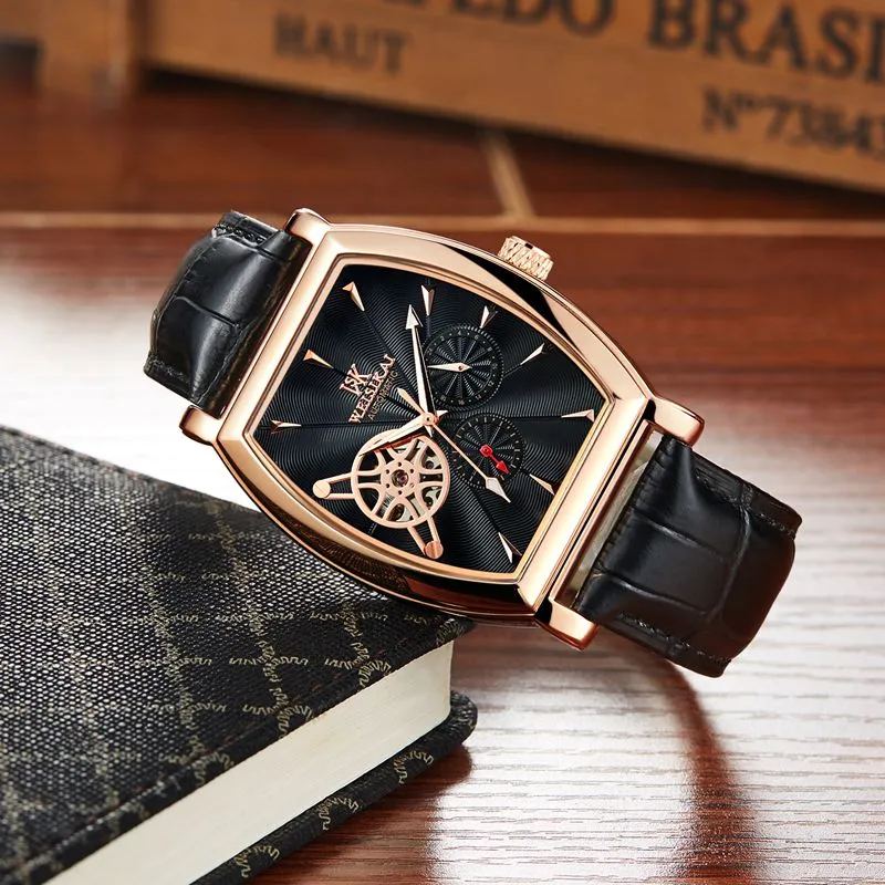 WSK Mechanical Movement Genuine Leather Strap Watch Men's Watches White Dial-7