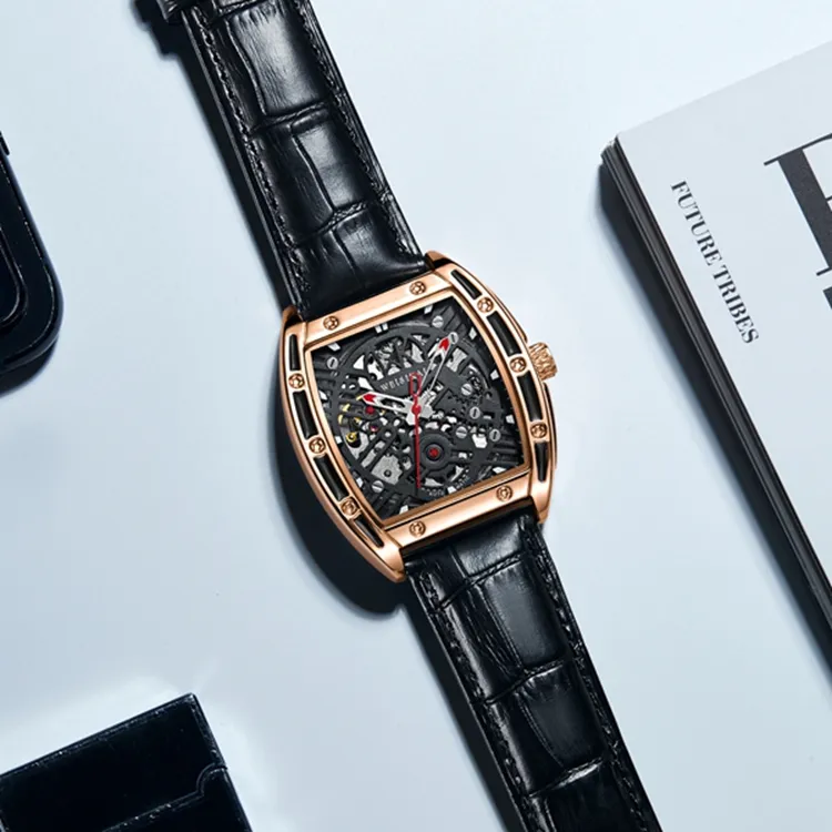 WSK Mechanical Movement Genuine Leather Strap Watch Men's Watches Black Dial-6