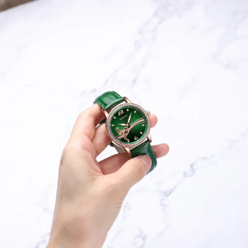 WSK Automatic Mechanical Movement Cowhide Strap Watch Women's Watch Green Dial-4