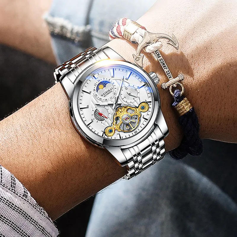 WSK Mechanical Movement Steel Strap Men's Watches White Dial-1