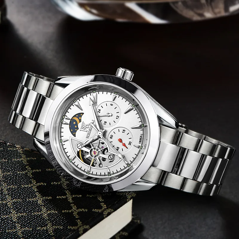 WSK Automatic Mechanical Movement Stainless Steel Watchband Men's Watches White Dial-1