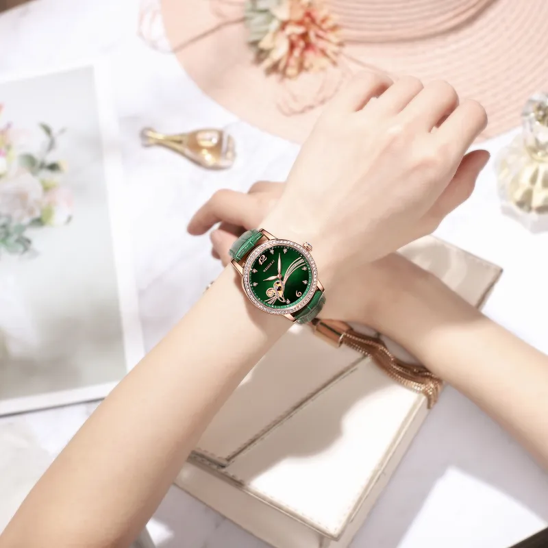 WSK Automatic Mechanical Movement Cowhide Strap Watch Women's Watch Green Dial-3