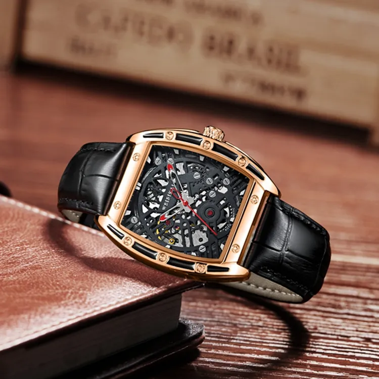 WSK Mechanical Movement Genuine Leather Strap Watch Men's Watches Black Dial-7