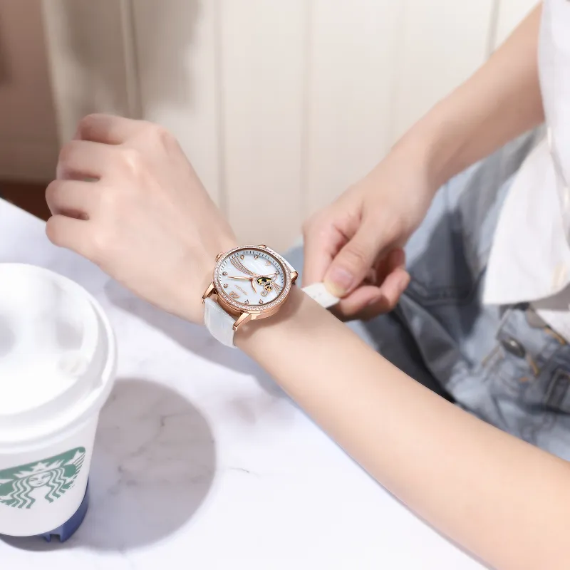 WSK Automatic Mechanical Movement Cowhide Strap Watch Women's Watch Green Dial-13