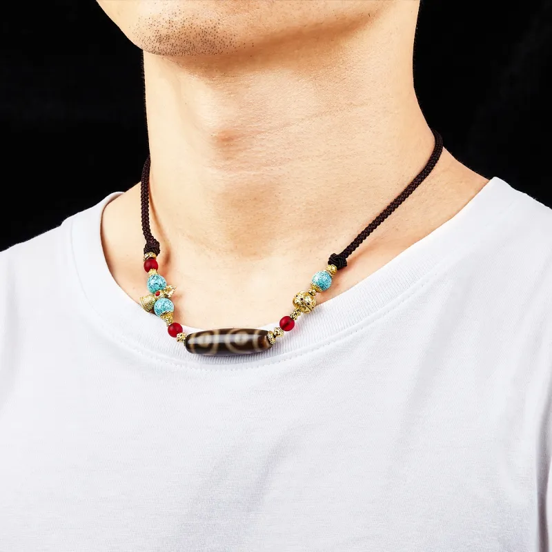 JIUCHAOGUZHU Agate Dzi Bead Necklace Unisex-7