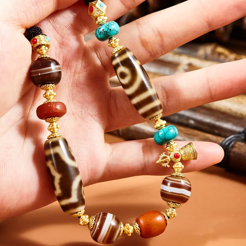 JIUCHAOGUZHU Agate Dzi Bead Necklace Unisex-3