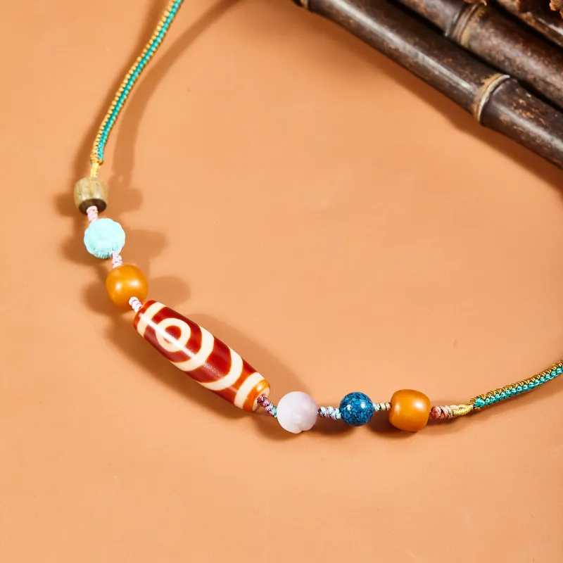 JIUCHAOGUZHU Agate Dzi Bead Necklace Unisex-4