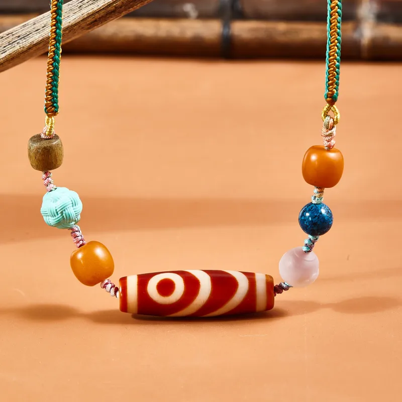 JIUCHAOGUZHU Agate Dzi Bead Necklace Unisex-1