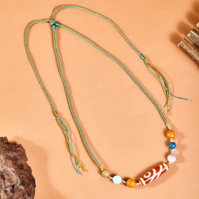 JIUCHAOGUZHU Agate Dzi Bead Necklace Unisex-5
