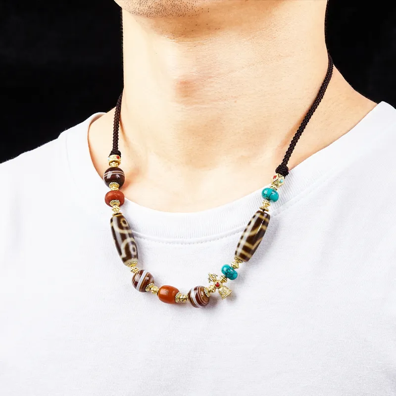 JIUCHAOGUZHU Agate Dzi Bead Necklace Unisex-7
