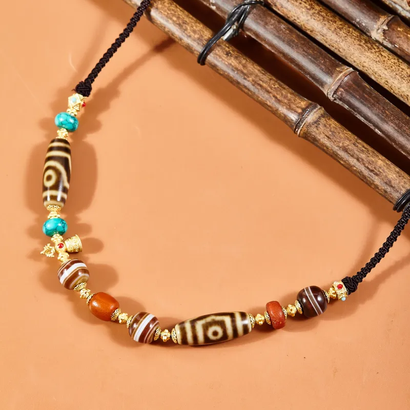 JIUCHAOGUZHU Agate Dzi Bead Necklace Unisex-4
