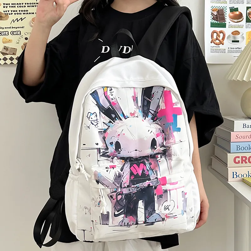 OUZIHUANG Nylon Backpack Regular Unisex White Rabbit/Black Rabbit-6