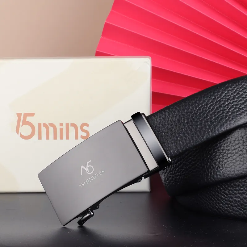 15 MINS Belt, Automatic Buckle, Youth High End Business Casual, Pant Belt Top Grain Cow Leather Belts Men's 3.5cm-8