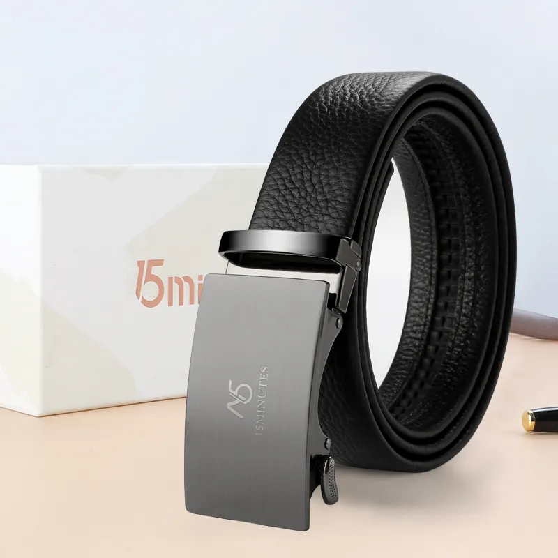 15 MINS Belt, Automatic Buckle, Youth High End Business Casual, Pant Belt Top Grain Cow Leather Belts Men's 3.5cm-5