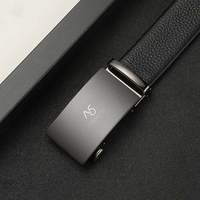 15 MINS Belt, Automatic Buckle, Youth High End Business Casual, Pant Belt Top Grain Cow Leather Belts Men's 3.5cm-1