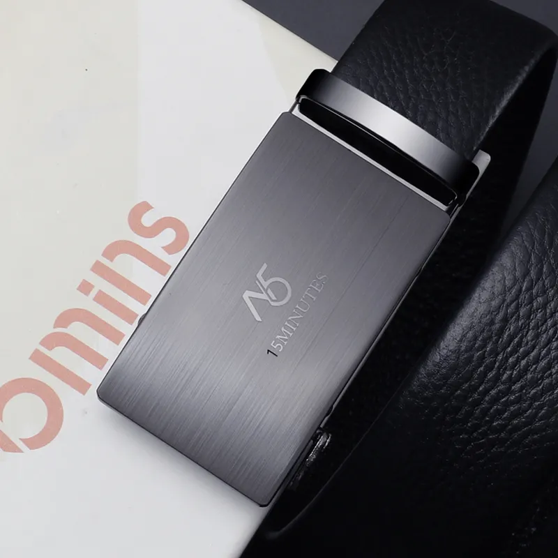 15 MINS Belt, Automatic Buckle, Youth High End Business Casual, Pant Belt Top Grain Cow Leather Belts Men's 3.5cm-4