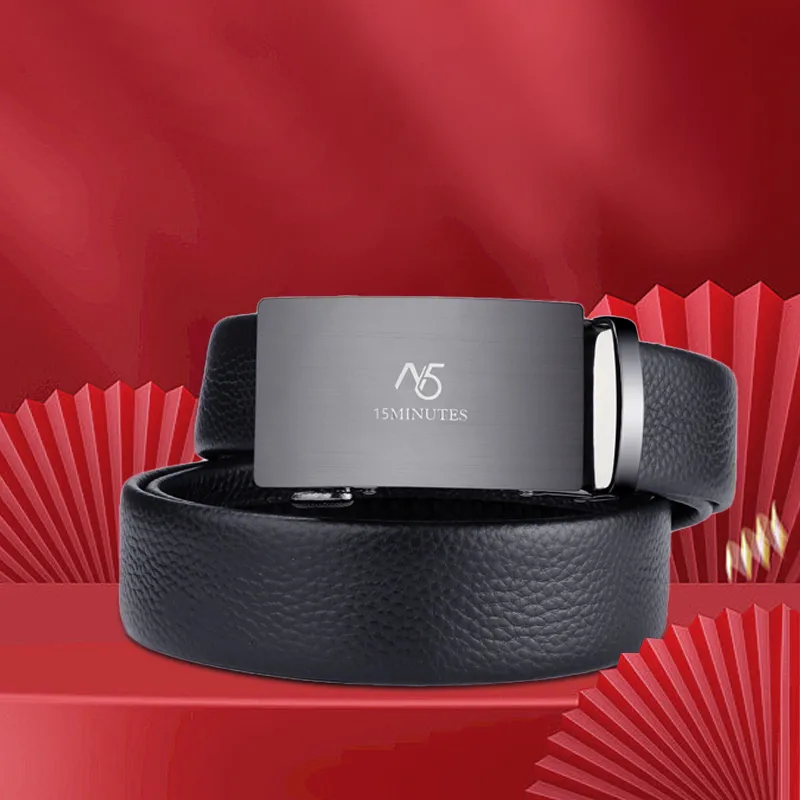 15 MINS Belt, Automatic Buckle, Youth High End Business Casual, Pant Belt Top Grain Cow Leather Belts Men's 3.5cm-7