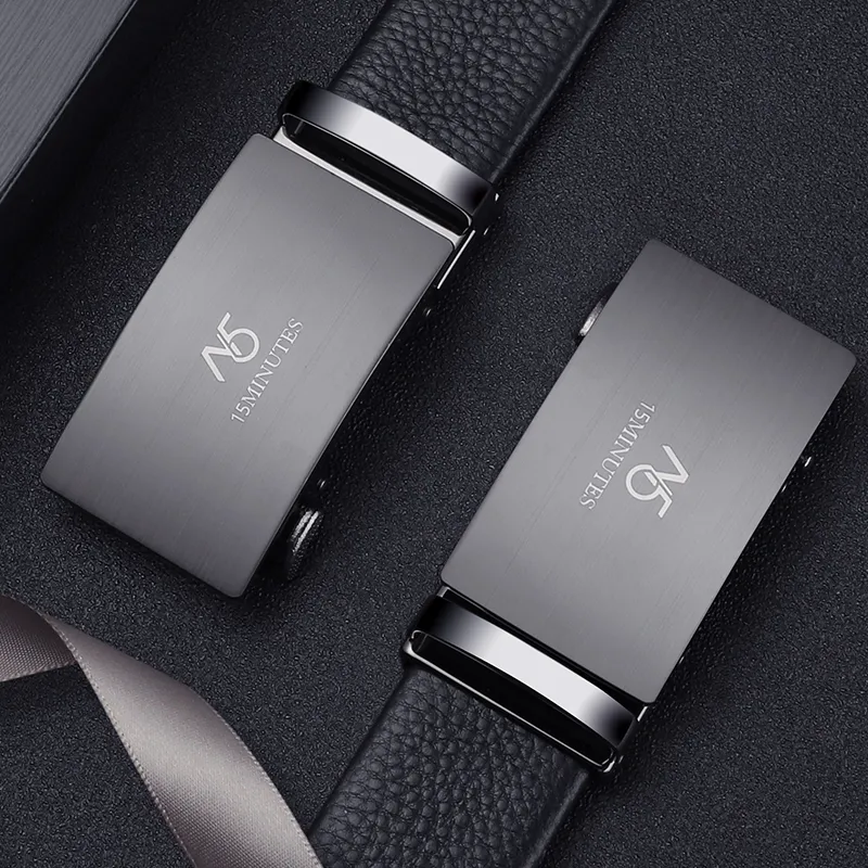 15 MINS Belt, Automatic Buckle, Youth High End Business Casual, Pant Belt Top Grain Cow Leather Belts Men's 3.5cm-3