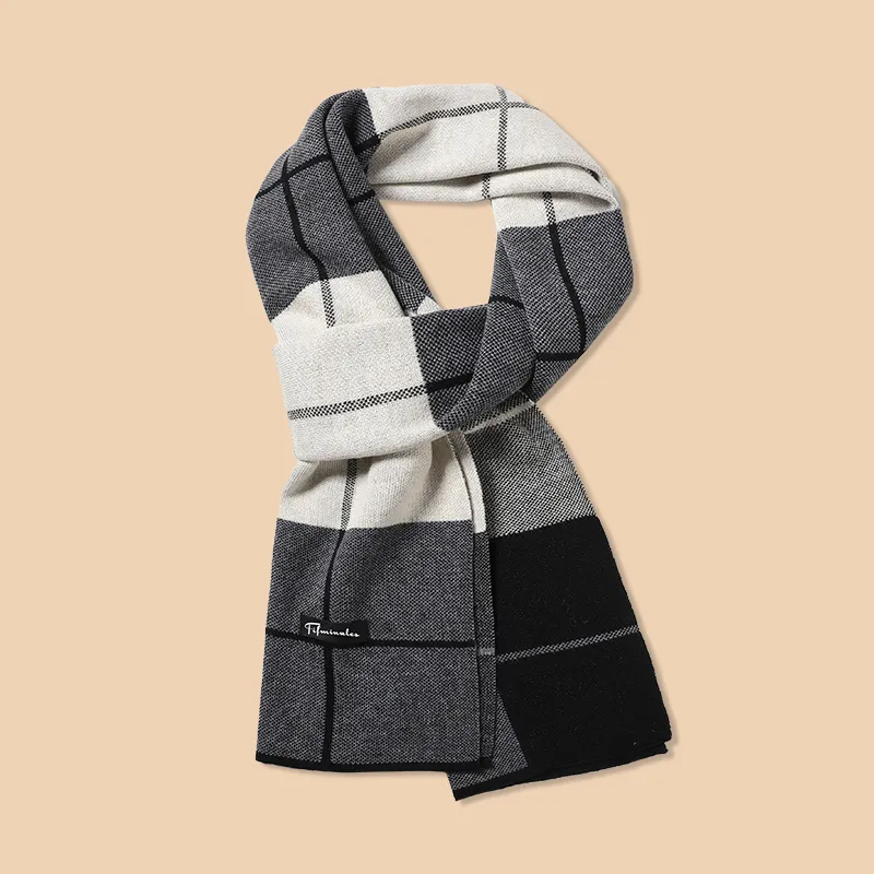 15 MINS Polyester Knit Scarves Unisex Gray Camel Plaid-2