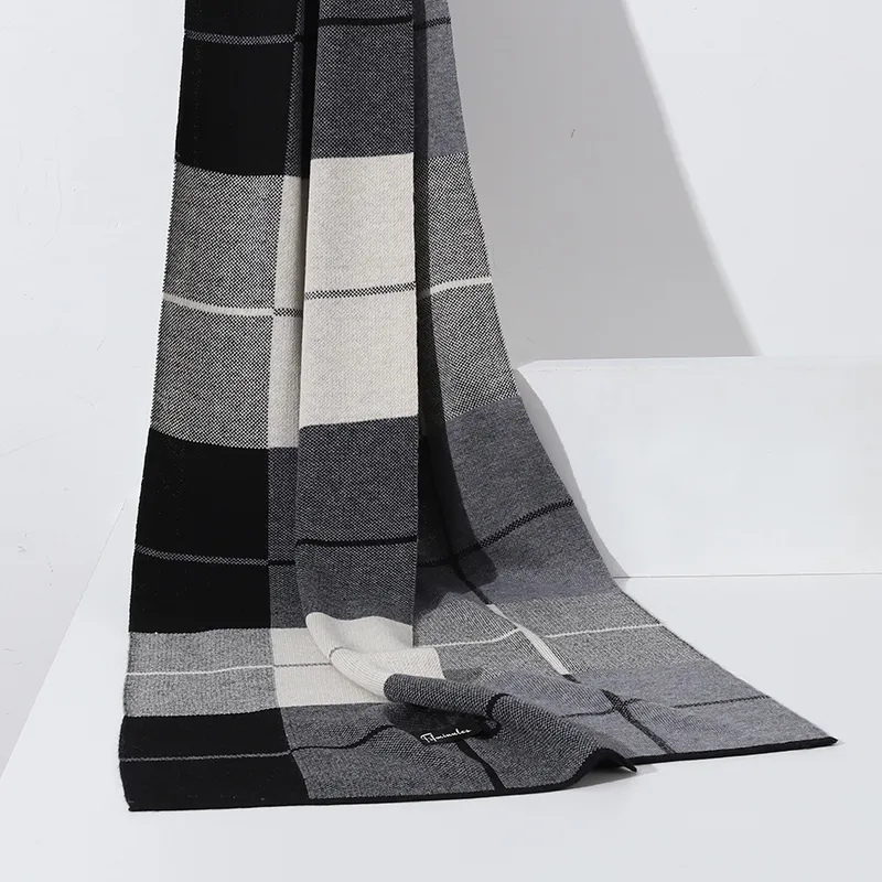 15 MINS Polyester Knit Scarves Unisex Gray Camel Plaid-1