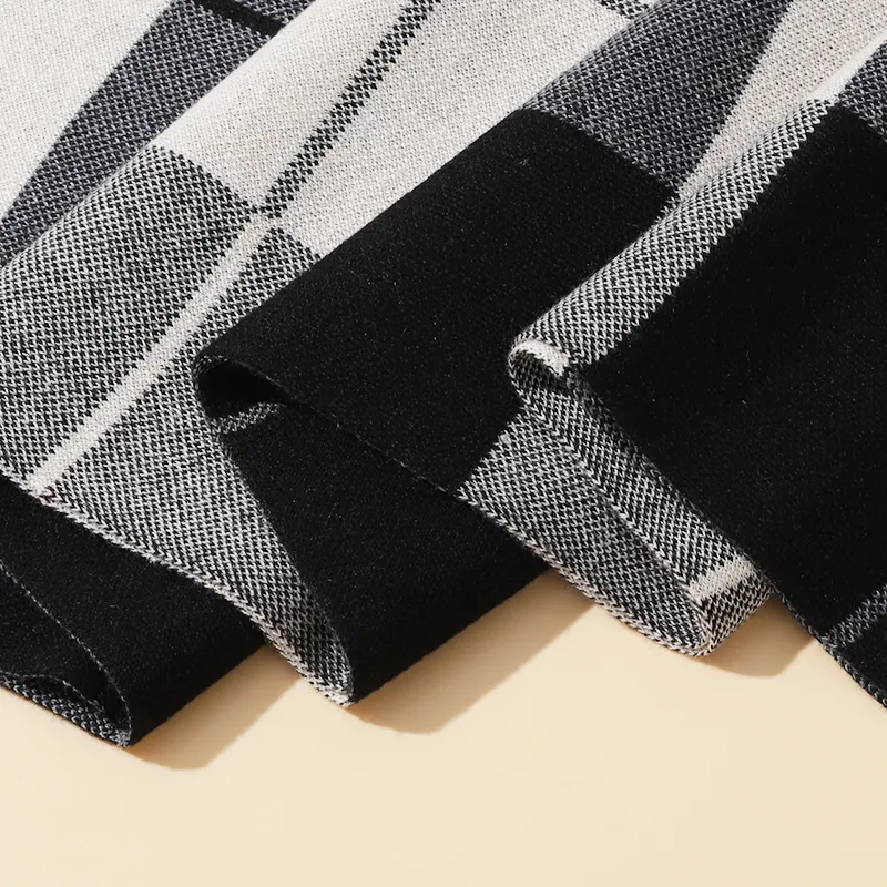 15 MINS Polyester Knit Scarves Unisex Gray Camel Plaid-3