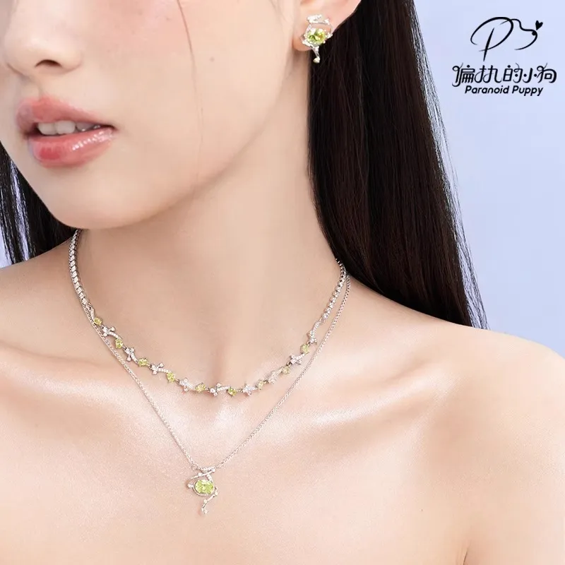 PARANOID PUPPY Mint Green Zircon Fringe Necklace With Unique Layering Collarbone Chain Women's-5
