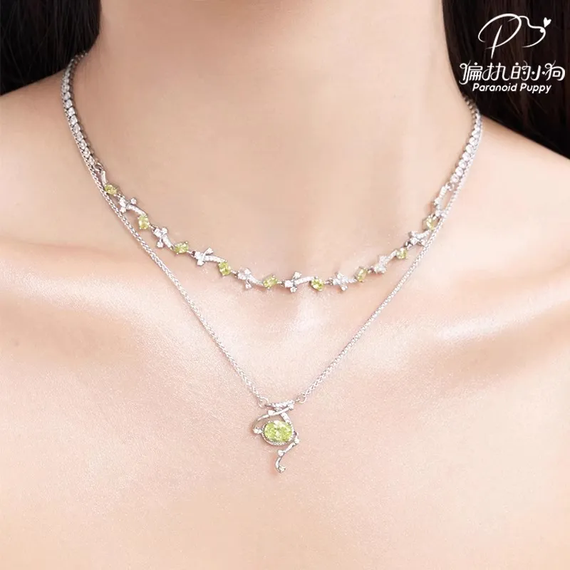 PARANOID PUPPY Mint Green Zircon Fringe Necklace With Unique Layering Collarbone Chain Women's-2
