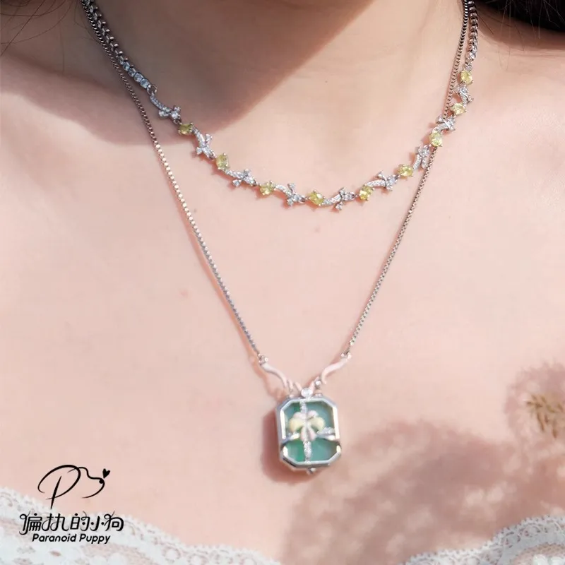 PARANOID PUPPY Mint Green Zircon Fringe Necklace With Unique Layering Collarbone Chain Women's-3
