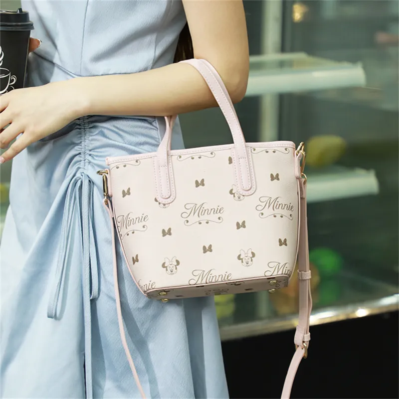 MESUCA Disney Collection Minimalist Style Minnie Shoulder Bag Soft Leather Tote Shopping Bag Regular Women's Girly Pink-1
