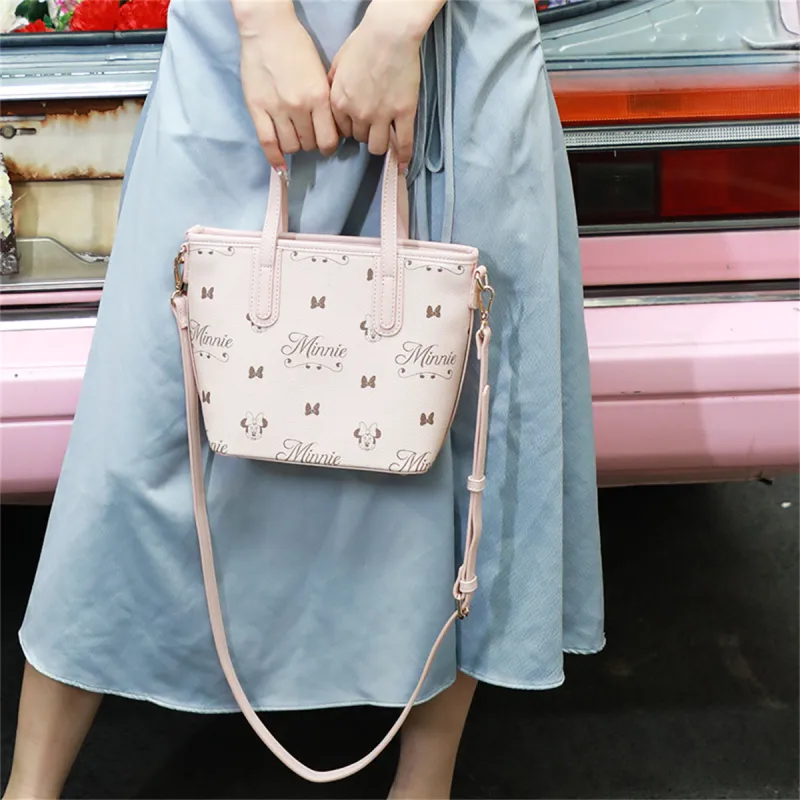 MESUCA Disney Collection Minimalist Style Minnie Shoulder Bag Soft Leather Tote Shopping Bag Regular Women's Girly Pink-2