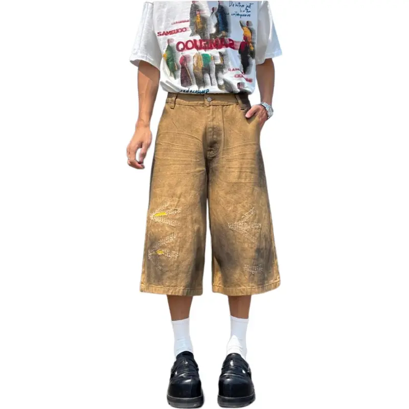 HKRXEC Denim Shorts Men Khaki-4