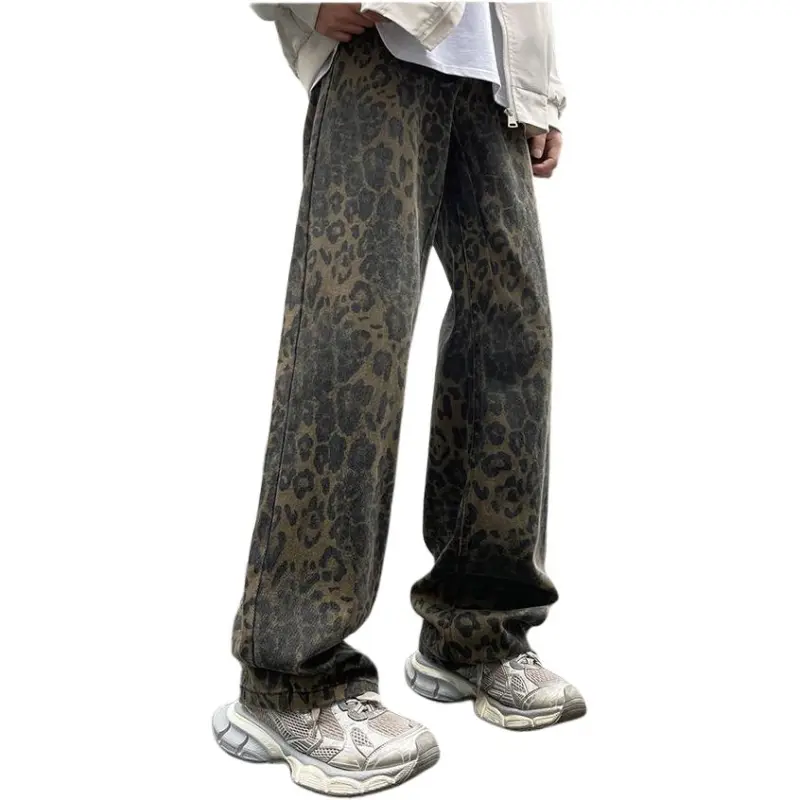 HKRXEC Jeans Men Brown Leopard Print-2