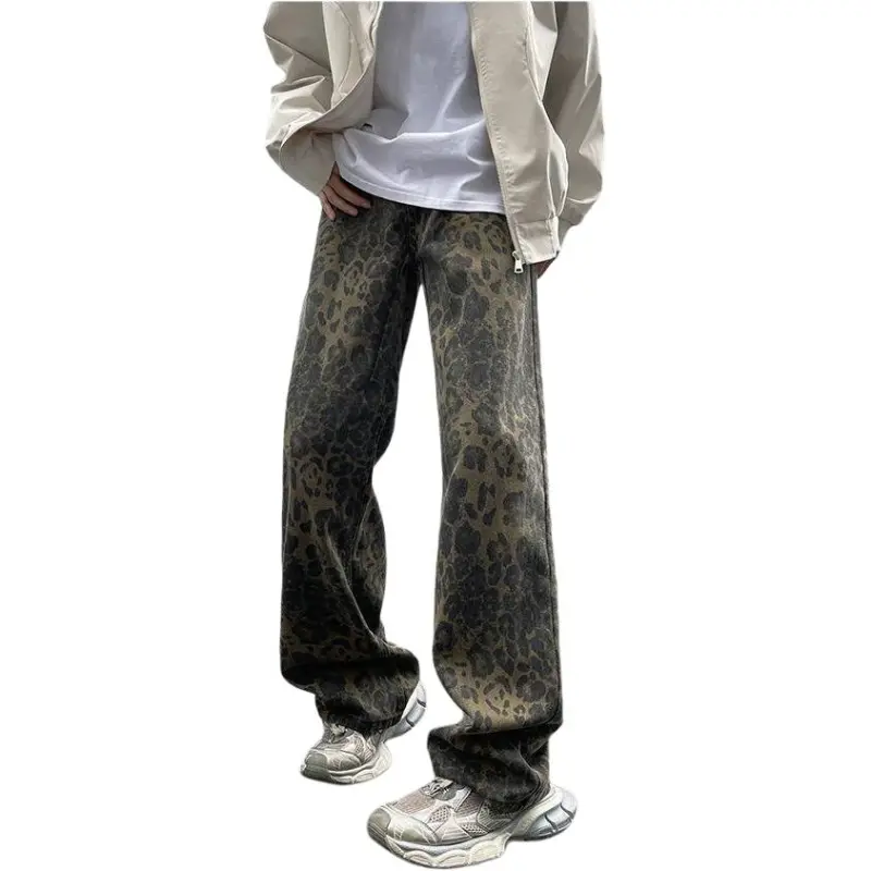 HKRXEC Jeans Men Brown Leopard Print-3
