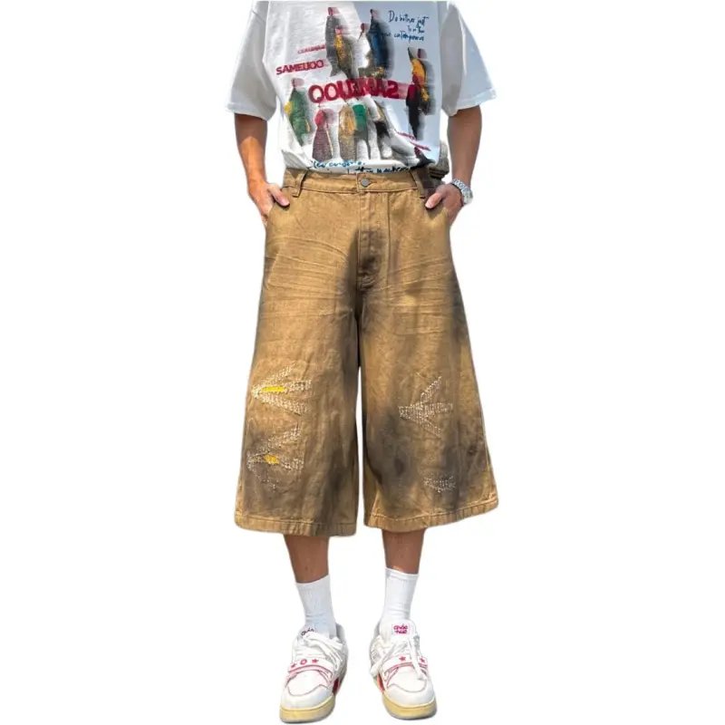 HKRXEC Denim Shorts Men Khaki-3