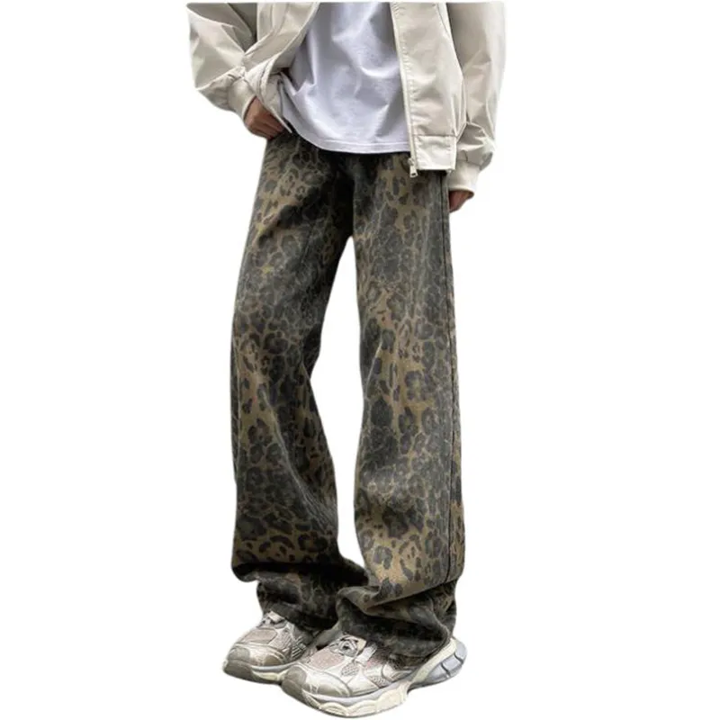 HKRXEC Jeans Men Brown Leopard Print-1