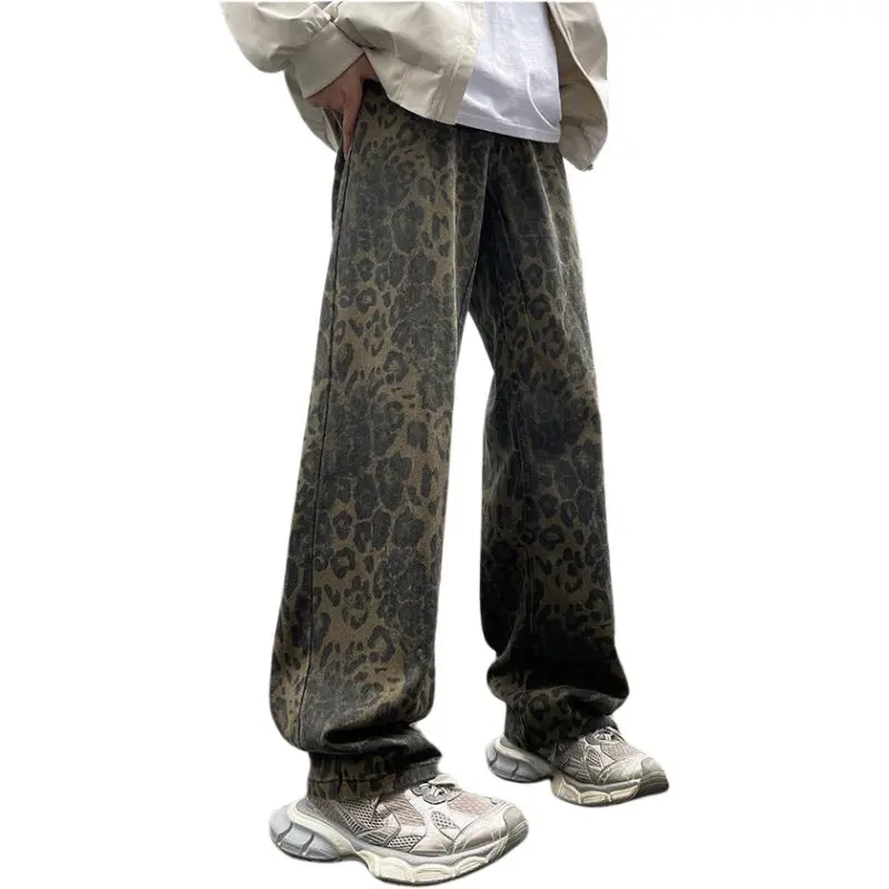 HKRXEC Jeans Men Brown Leopard Print-4